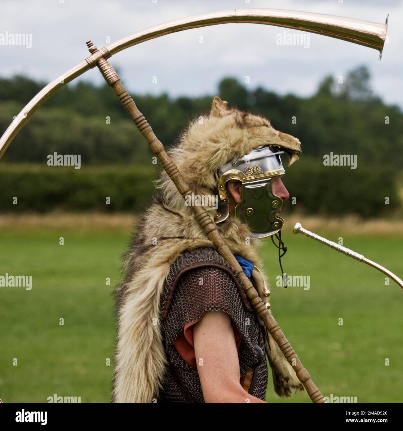 Roman army Cornicen horn player in wolfs head helmet Stock Photo