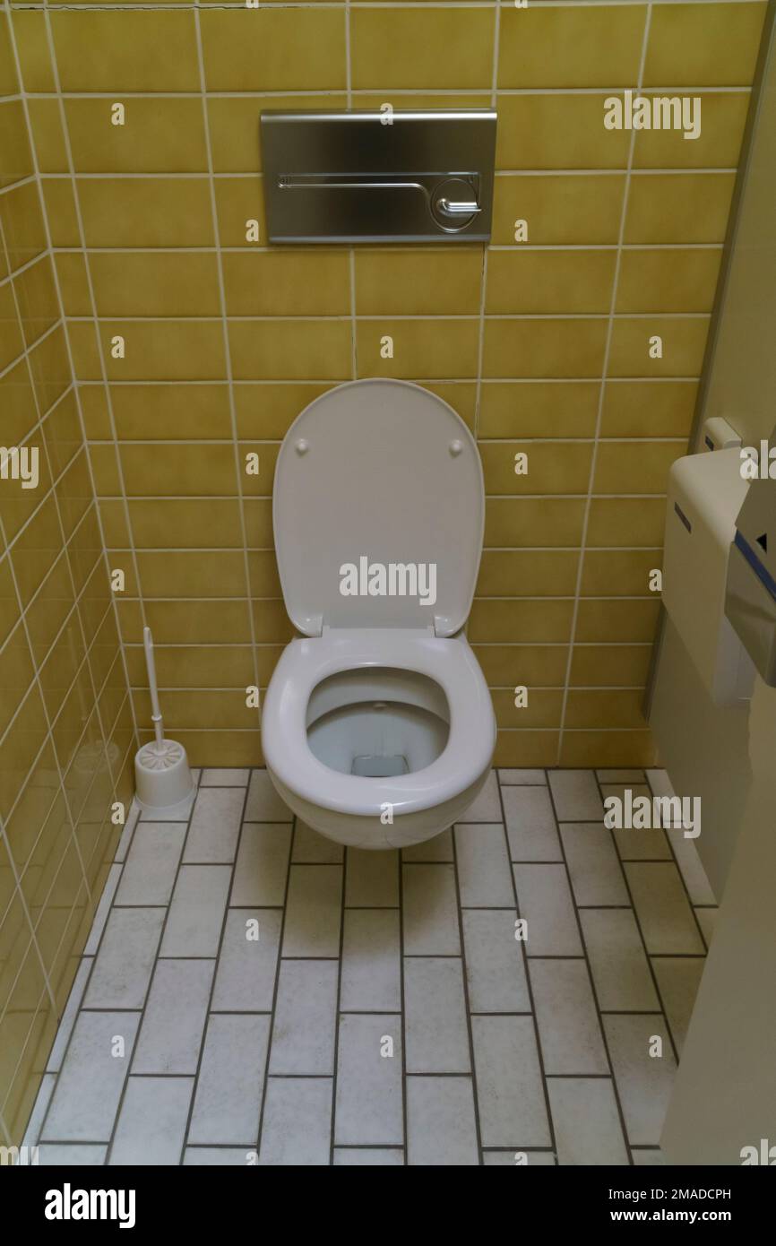 ceramic toilet bowl near yellow wall, Public toilet in an official