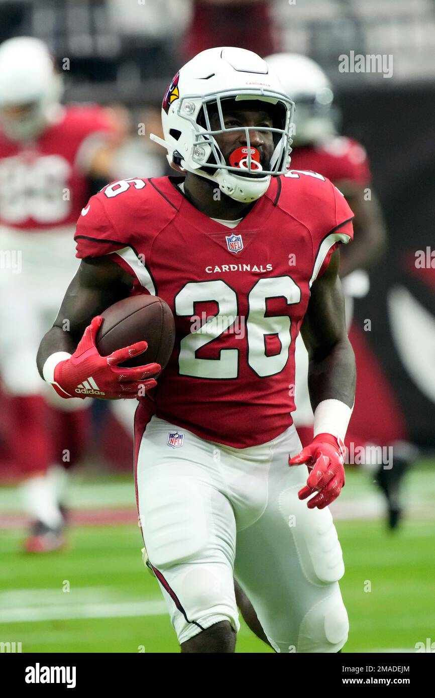 Arizona Cardinals running back Eno Benjamin (26) during the first half of  an NFL football game against the Los Angeles Rams, Sunday, Sept. 25, 2022,  in Glendale, Ariz. (AP Photo/Rick Scuteri Stock