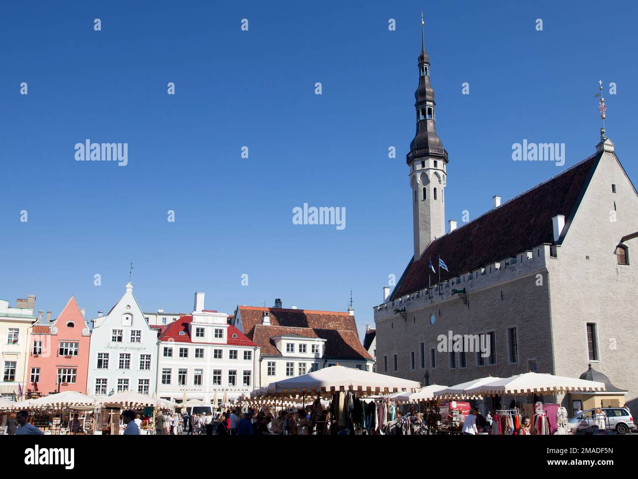 Estonia, Tallinn, town hall and market in market square. Stock Photo