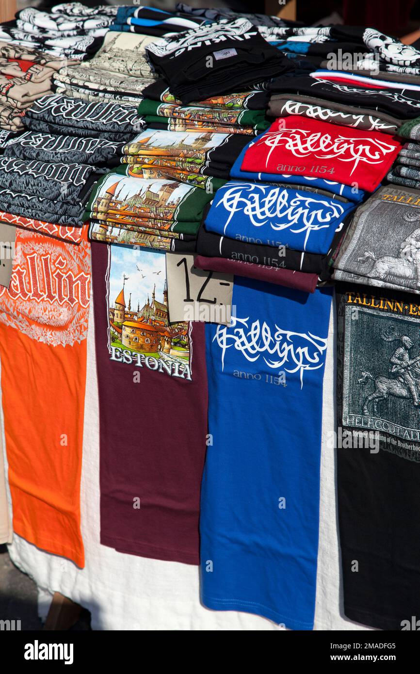 Estonia, Tallinn, tourist T-shirts in market square. Stock Photo