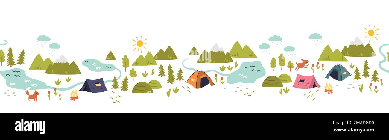 Cute hand drawn vector seamless pattern with camping doodles, tents ...