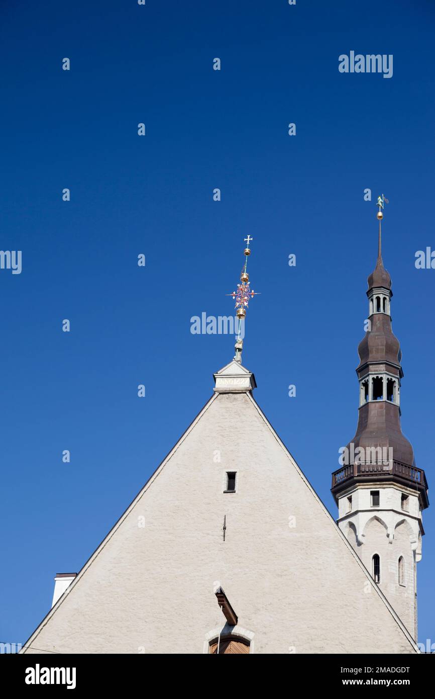Estonia, Tallinn, gable end of town hall, showing ornate cross detail. Stock Photo