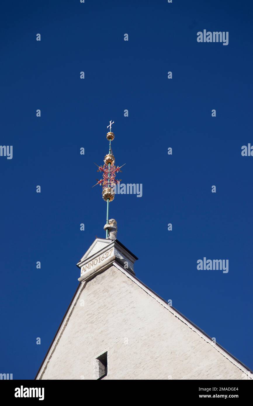 Estonia, Tallinn, gable end of town hall, showing ornate cross detail. Stock Photo