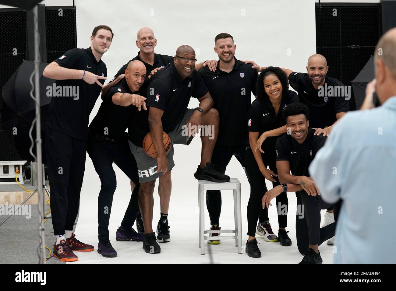 Sacramento Kings head coach Mike Brown, third from left, poses with his  coaching staff during the NBA basketball team's Media Day in Sacramento,  Calif., Monday, Sept. 26, 2022. From left to right,