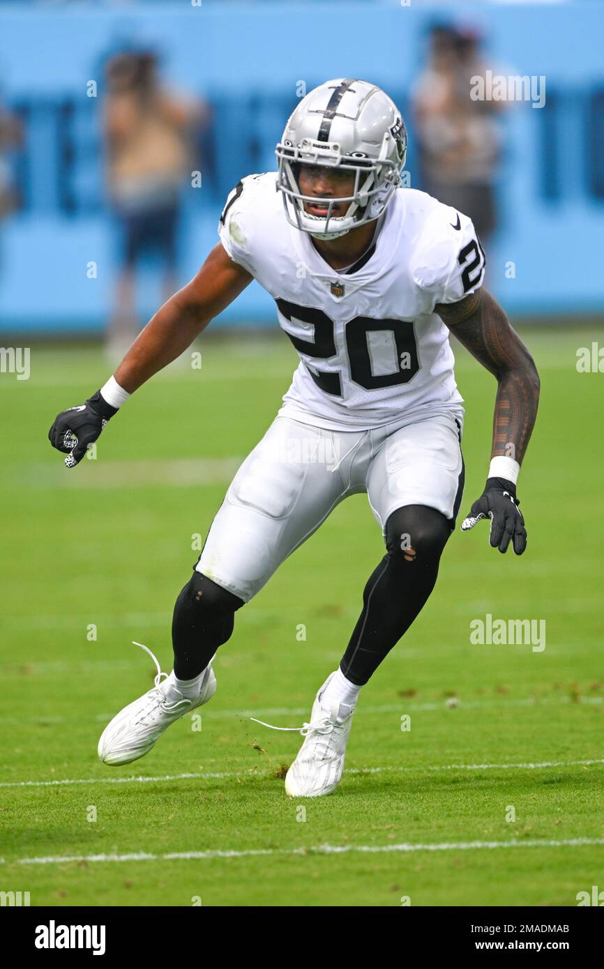 NASHVILLE, TN - SEPTEMBER 25: Las Vegas Raiders safety Isaiah Pola-Mao (20)  stands on the sidelines in the game between the Tennessee Titans and the  Las Vegas Raiders on September 25, 2022