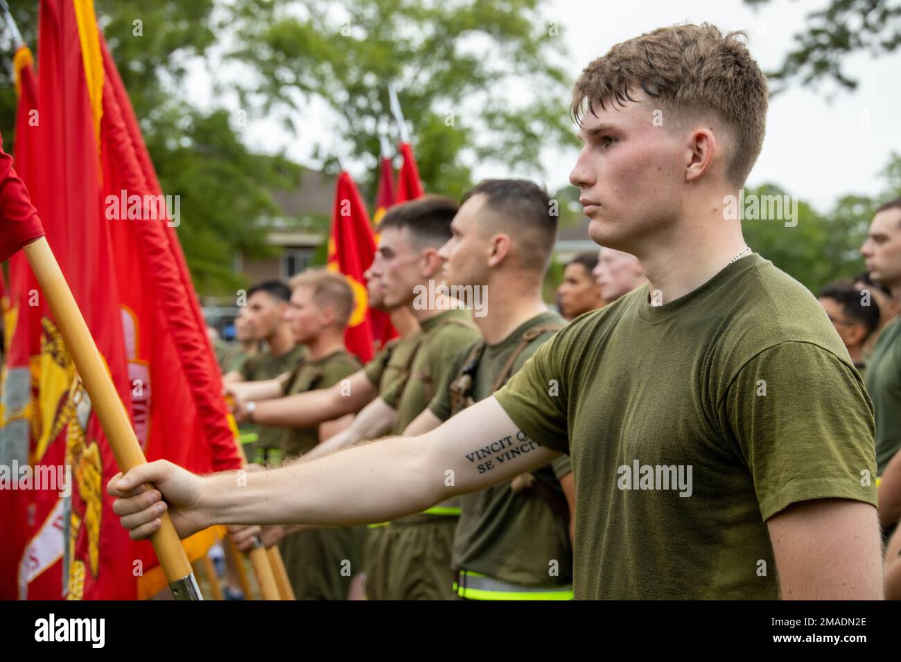 A U.S. Marine with Combat Logistics Regiment (CLR) 2 stands at parade ...