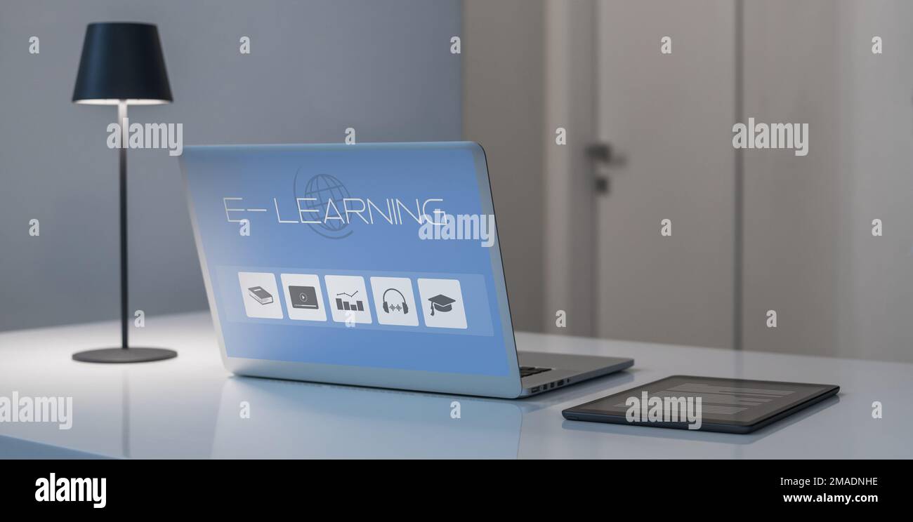 Elearning, education, study online concept. Laptop and tablet on desk