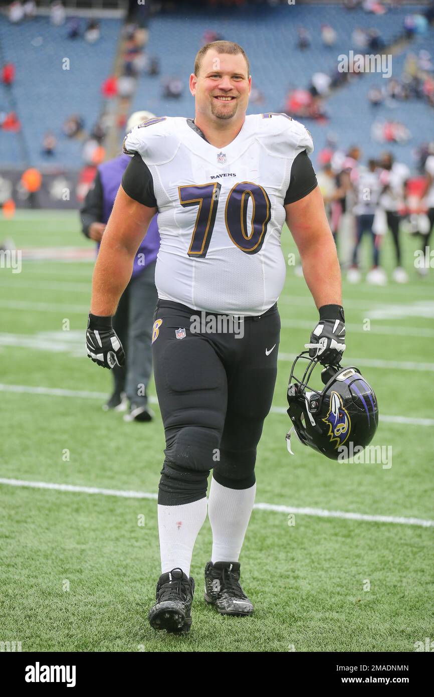 Baltimore Ravens guard Ben Cleveland during the second half of an NFL  football game against the New England Patriots, Sunday, Sept. 25, 2022, in  Foxborough, Mass. (AP Photo/Paul Connors Stock Photo - Alamy