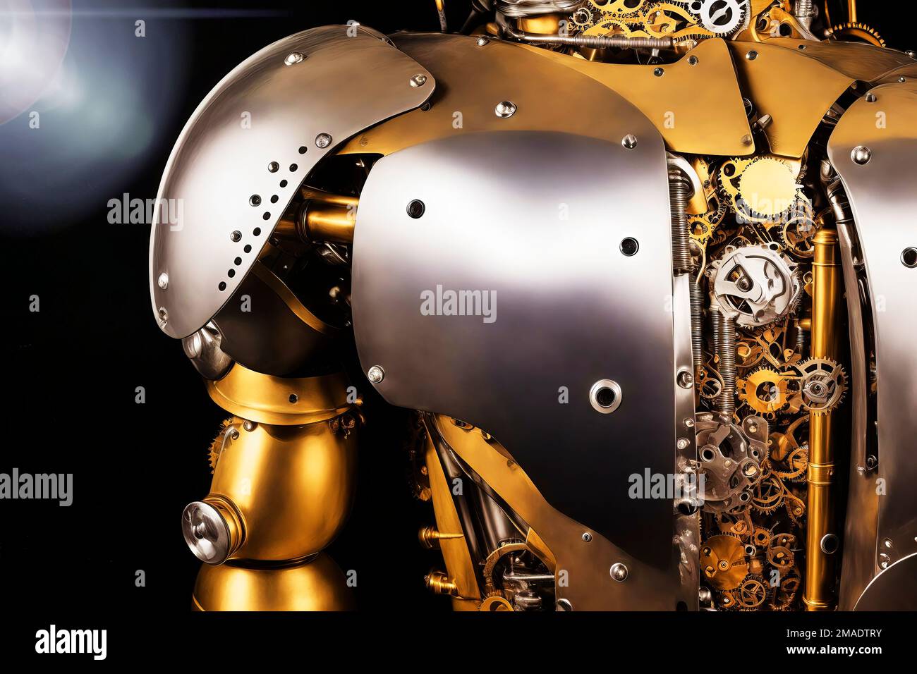 Half length portrait of an android robot wearing biomechanical armor with copper plates and silver plates showing gears, screws and cables, made with Stock Photo