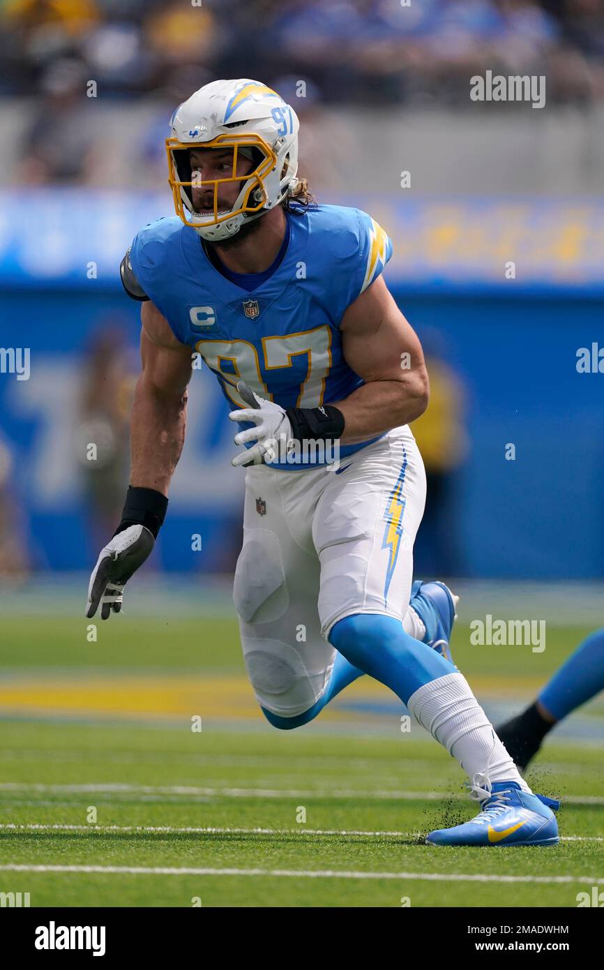 Los Angeles Chargers linebacker Joey Bosa (97) during the first half of an  NFL football game against the Jacksonville Jaguars in Inglewood, Calif.,  Sunday, Sept. 25, 2022. (AP Photo/Mark J. Terrill Stock