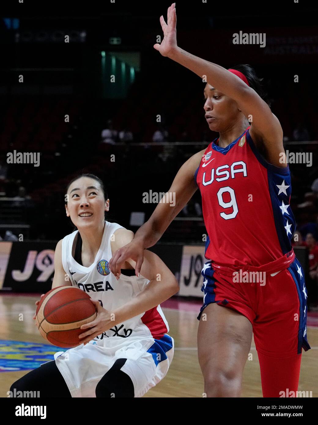United States' A'ja Wilson attempts to block a shot by South Korea's ...