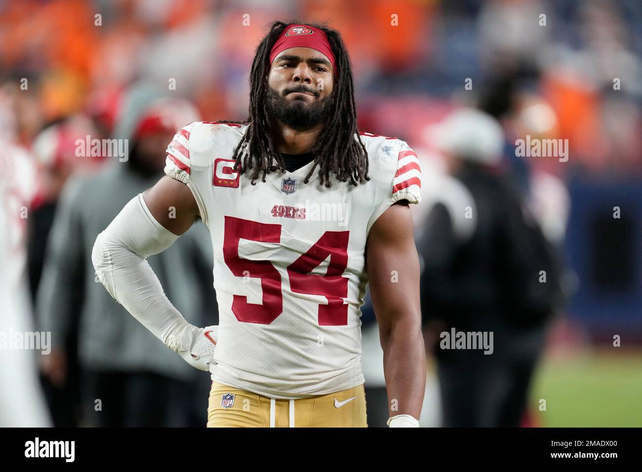 San Francisco 49ers linebacker Fred Warner (54) reacts during an