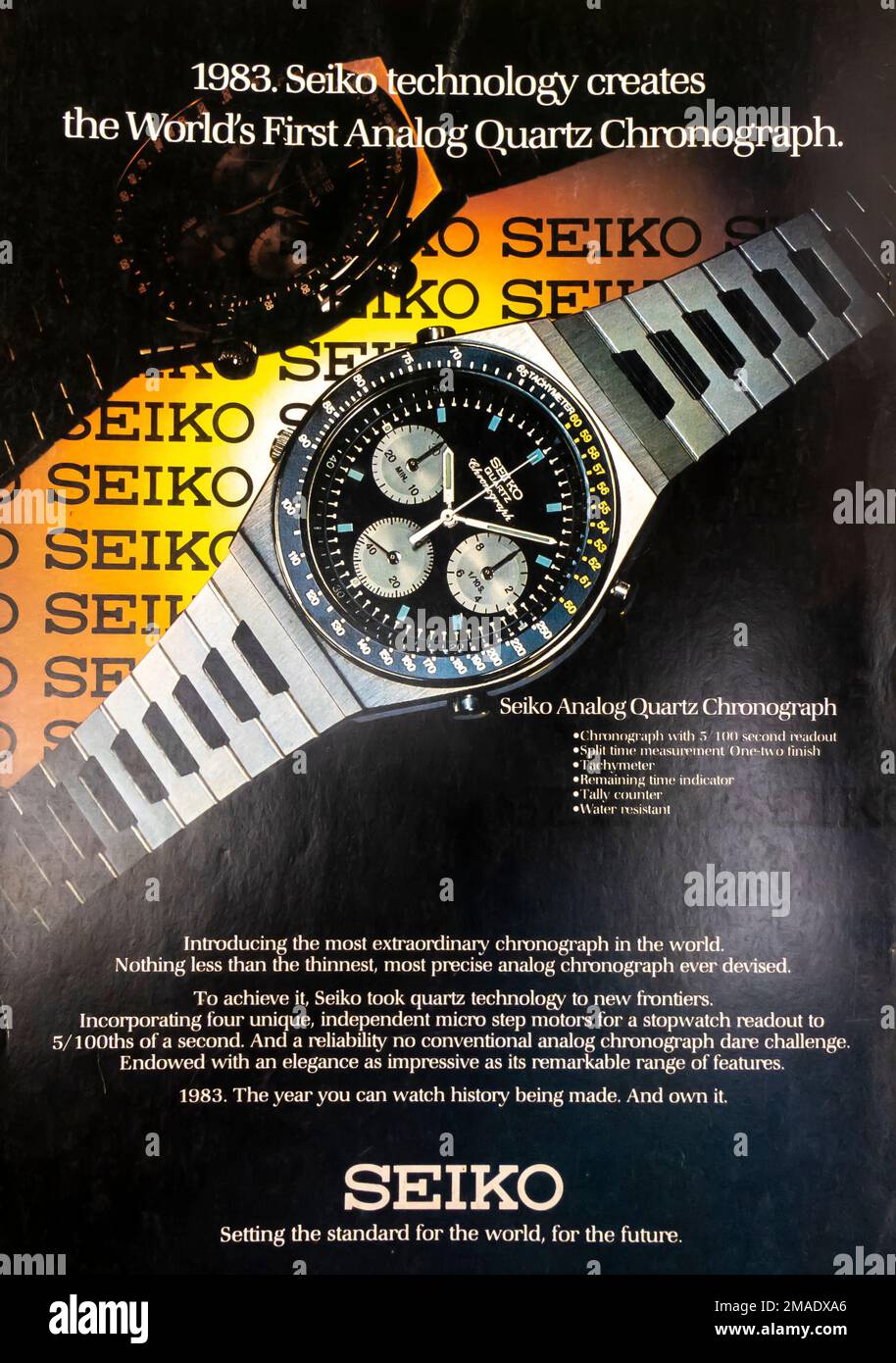 Seiko analog quartz chronograph advert in a magazine, April 1983 Stock  Photo - Alamy