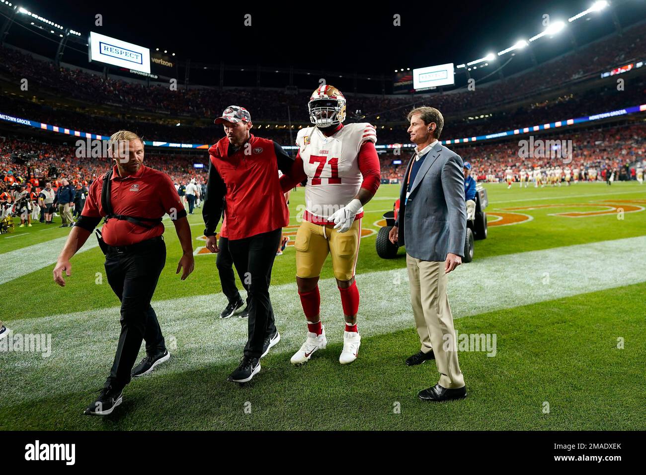 San Francisco 49ers offensive tackle Trent Williams (71) walks off