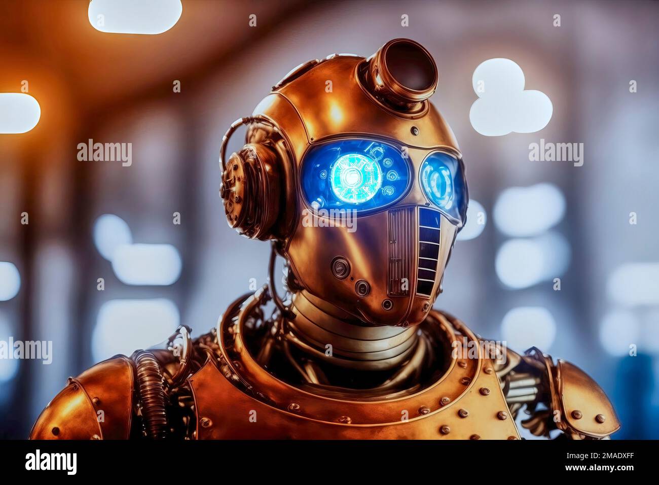 Portrait of a cyborg wearing smooth gold or copper armor with a dense helmet and large blue LED eyes, made with generative AI Stock Photo