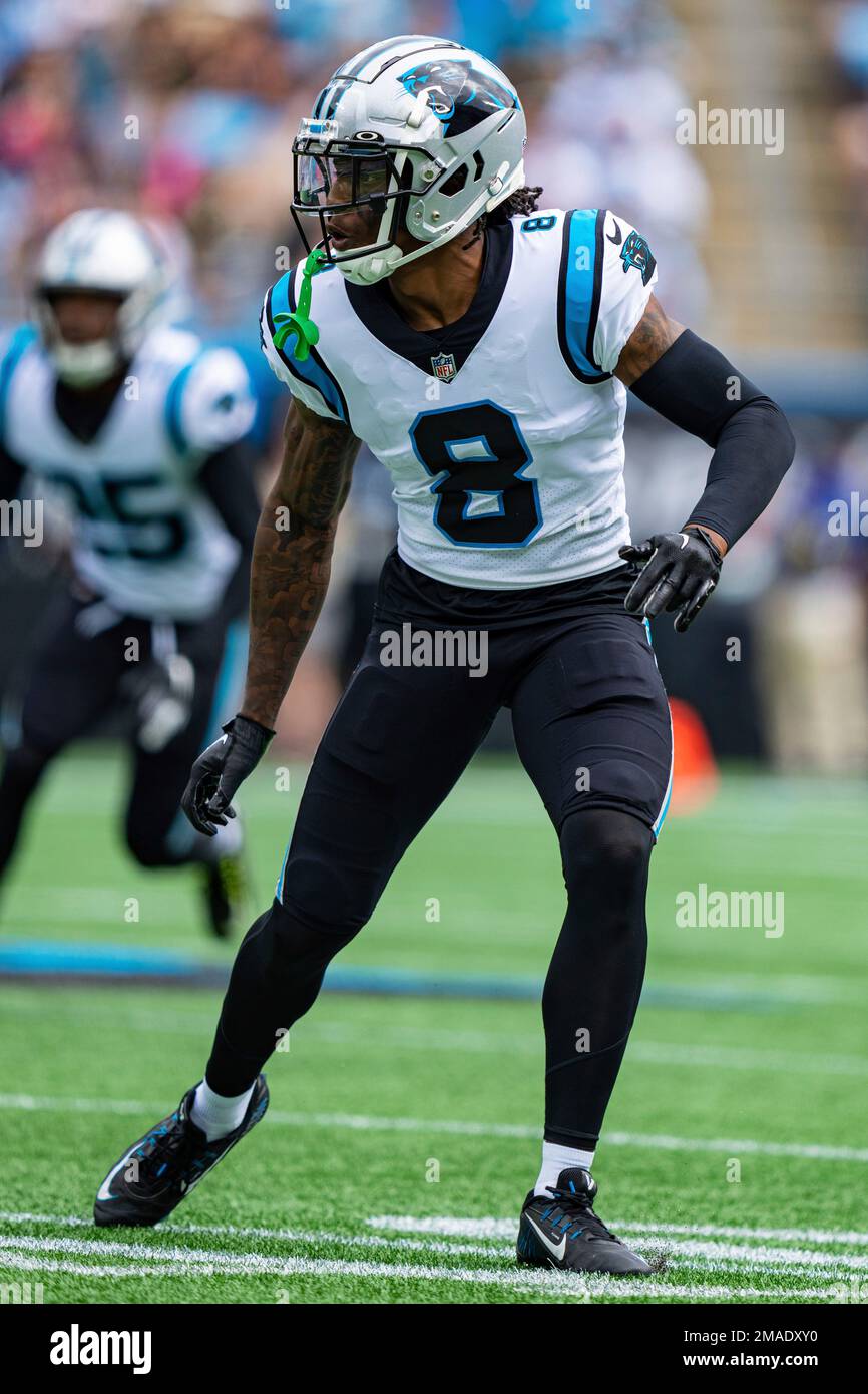 Carolina Panthers cornerback Jaycee Horn (8) plays against the New Orleans Saints during an NFL football game, Sunday, Sept. 25, 2022, in Charlotte, N.C. (AP Photo/Jacob Kupferman) Stock Photo