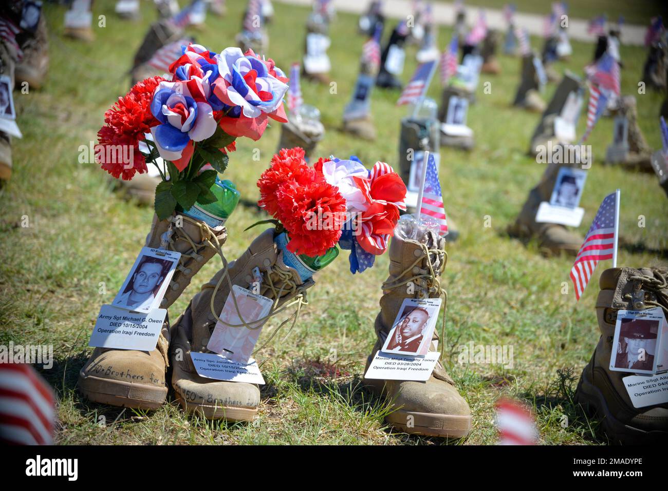 The boots for Sgt. Michael G. Owen and Spc. Jonathan J. Santos are tied