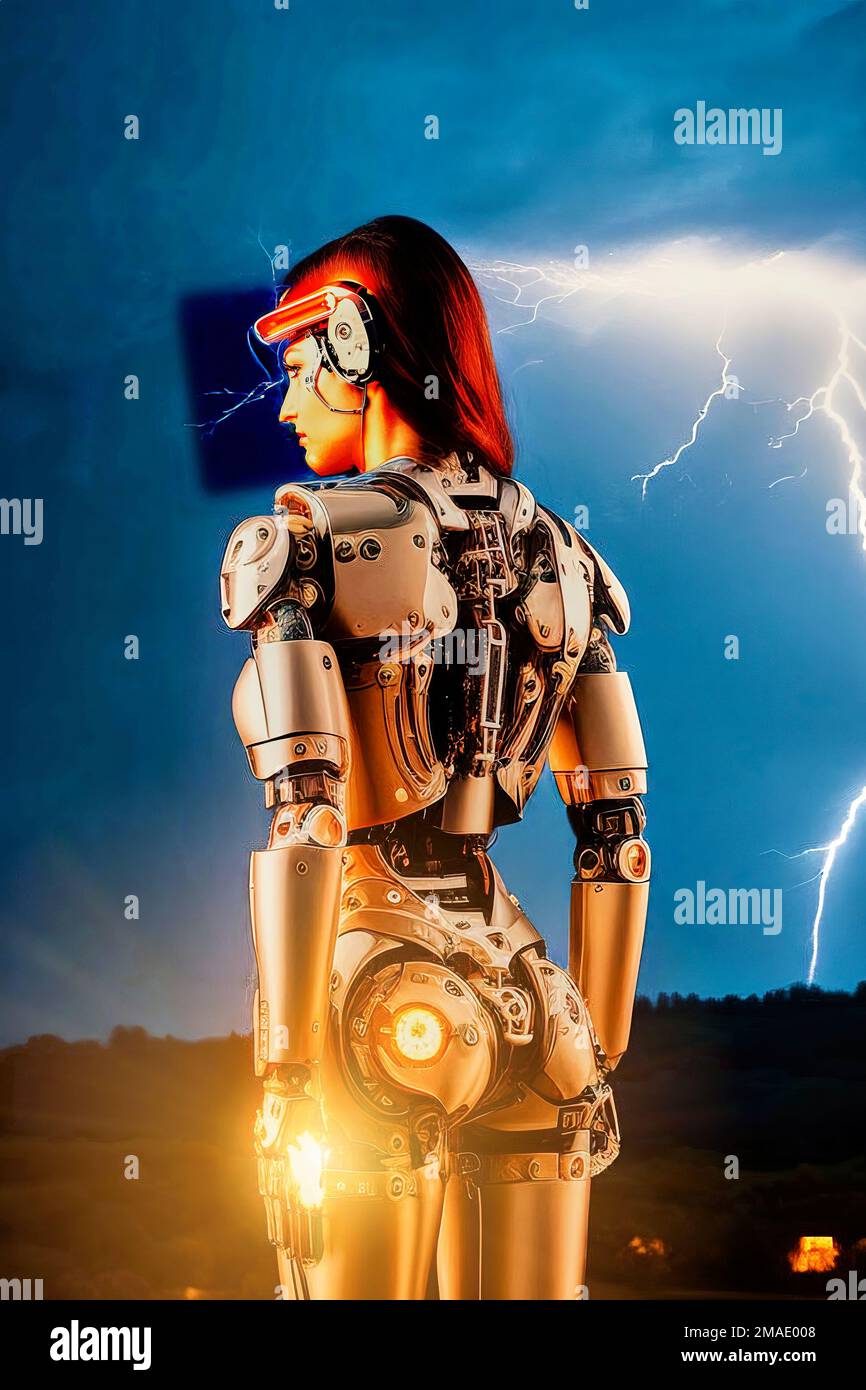 Back view of female cyborg with red hair and golden shining armor in front of sky with lightning bolts, made with generative AI. Stock Photo