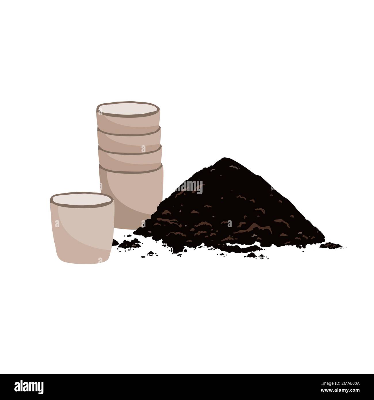 Empty flower pots and the soil pile, spring gardening concept. Vector illustration isolated on white background. Stock Vector