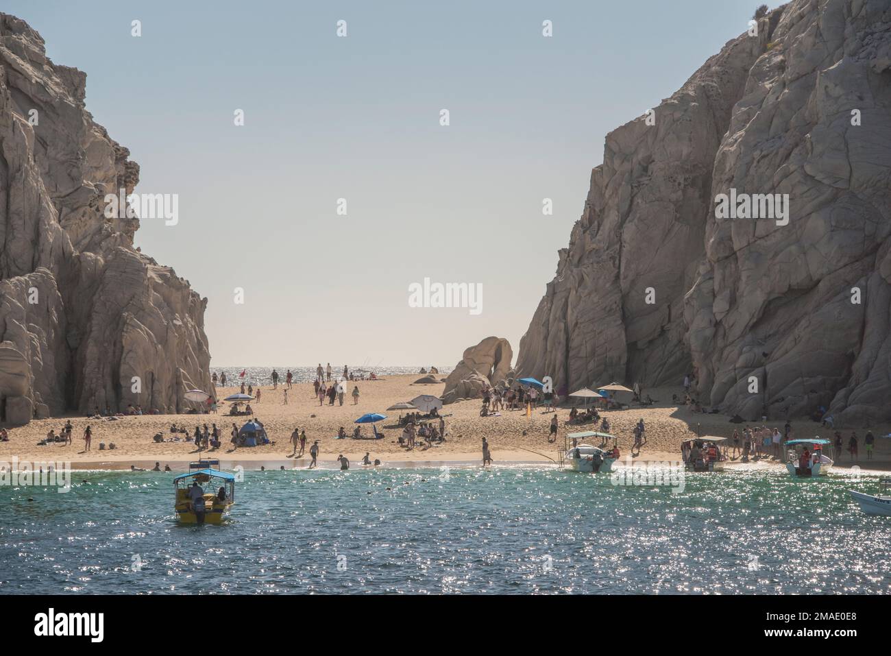 Lover's Beach, Cabo San Lucas, Mexican Riviera, Mexico is popular because it is on both the Sea of Cortez and the Pacific Ocean, just yards apart. Stock Photo
