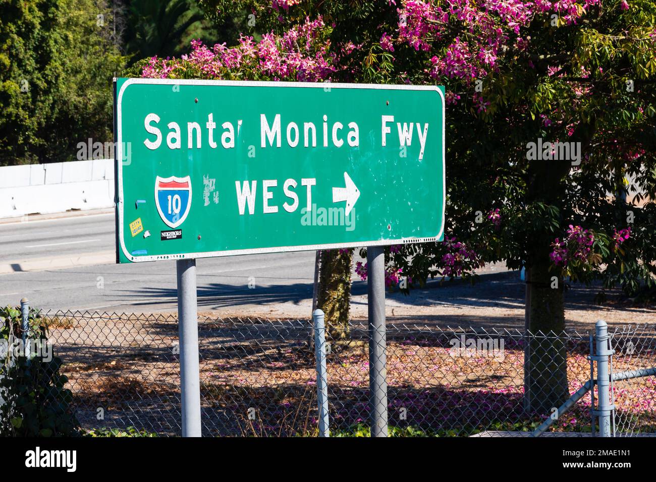 Sign post with directions to Santa Monica Freeway West on Interstate 10. Santa Monica, California, USA Stock Photo