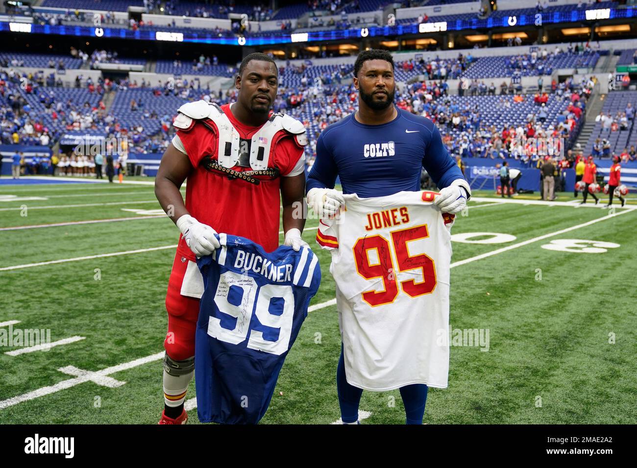 Kansas City Chiefs' Chris Jone and Indianapolis Colts' DeForest Buckner  exchange jerseys an NFL football game, following Sunday, Sept. 25, 2022, in  Indianapolis. (AP Photo/Michael Conroy Stock Photo - Alamy