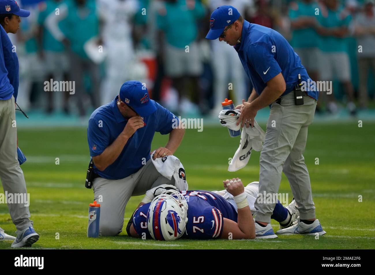 Buffalo Bills guard Greg Van Roten (75) gets set on offense against the  Detroit Lions during an NFL football game, Thursday, Nov. 24, 2022, in  Detroit. (AP Photo/Rick Osentoski Stock Photo - Alamy