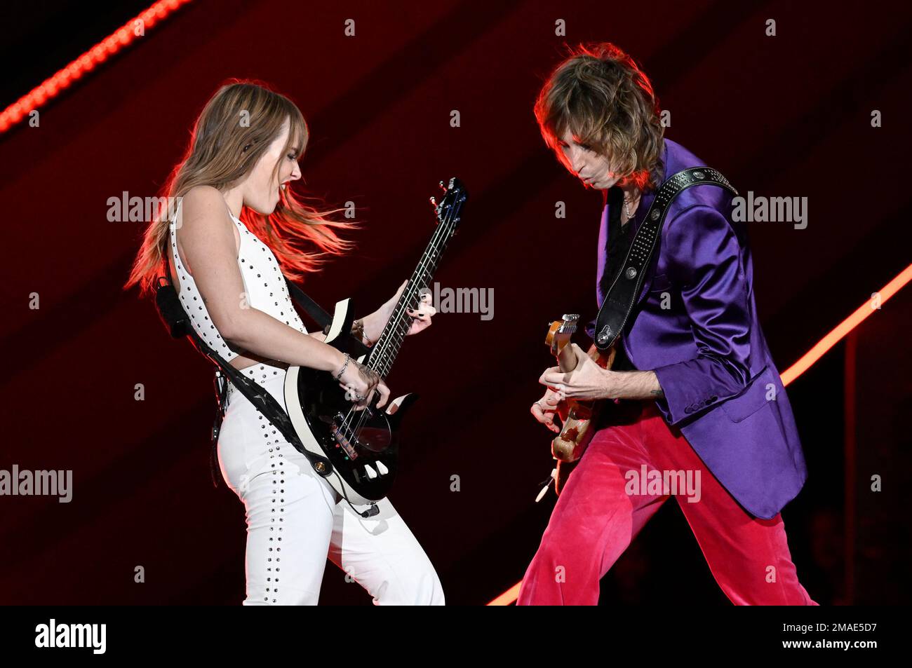 Victoria De Angelis, left, and Thomas Raggi of Måneskin perform during ...