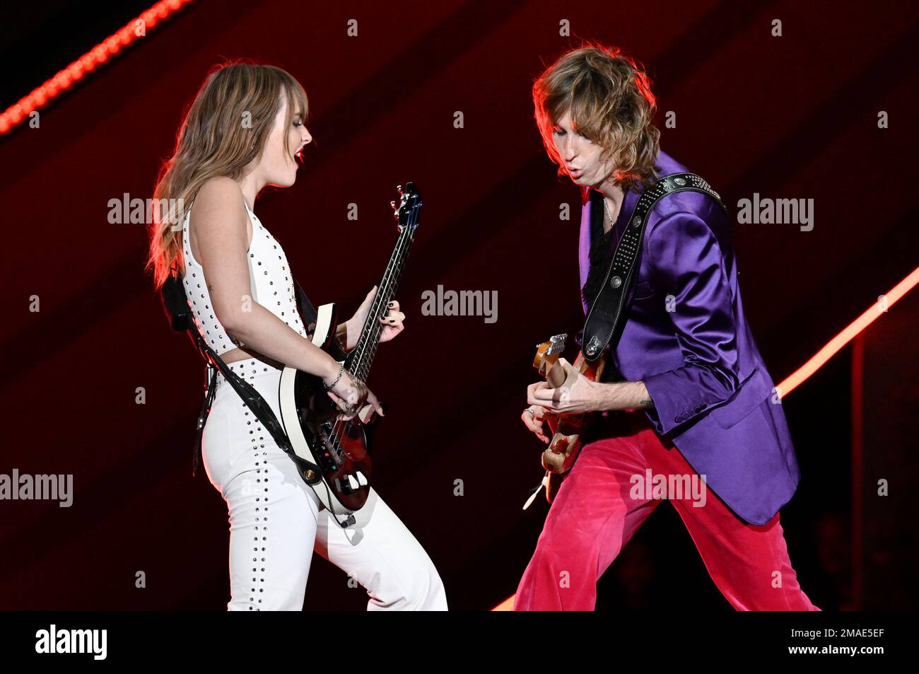 Victoria De Angelis, left, and Thomas Raggi of Måneskin perform during ...