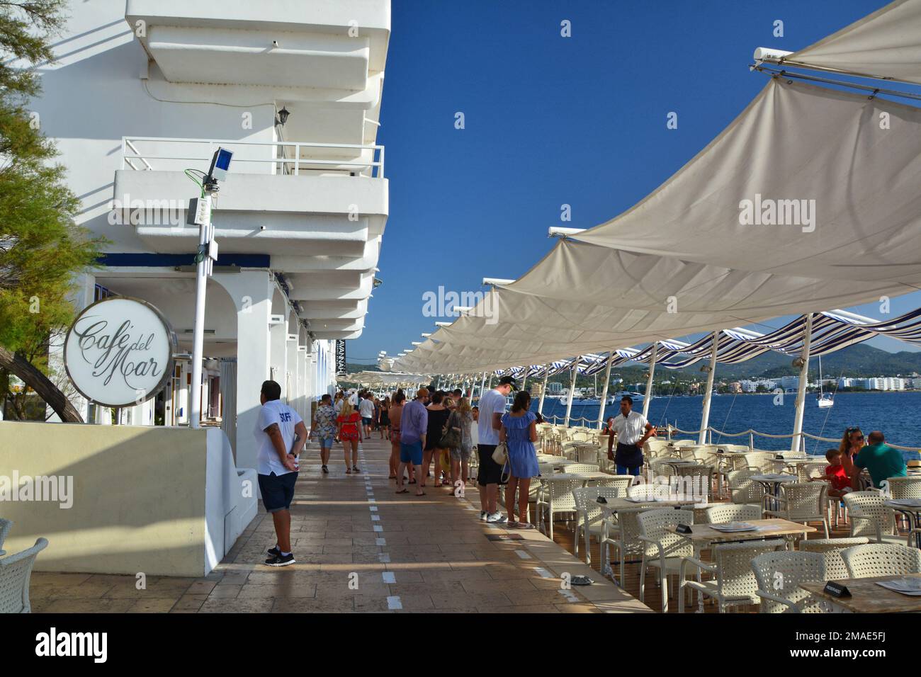 Ibiza, Spain - July 12, 2017: Cafe del Mar in San Antonio de Portmany on Ibiza island. Cafe del Mar is a famous seaside bar with the best views of sun Stock Photo