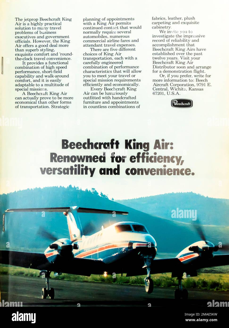 Beechcraft King Air private jet, executive jets advertisement placed inside NatGeo magazine,  April 1976 Stock Photo
