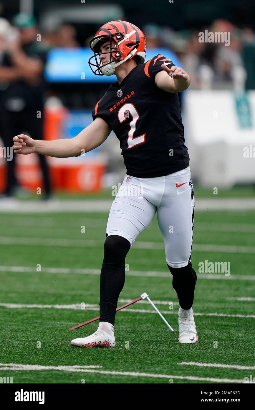 Cincinnati Bengals kicker Evan McPherson (2) runs off the field after an  NFL football game against the New York Jets, Sunday, Oct. 31, 2021, in East  Rutherford, N.J. (AP Photo/Adam Hunger Stock