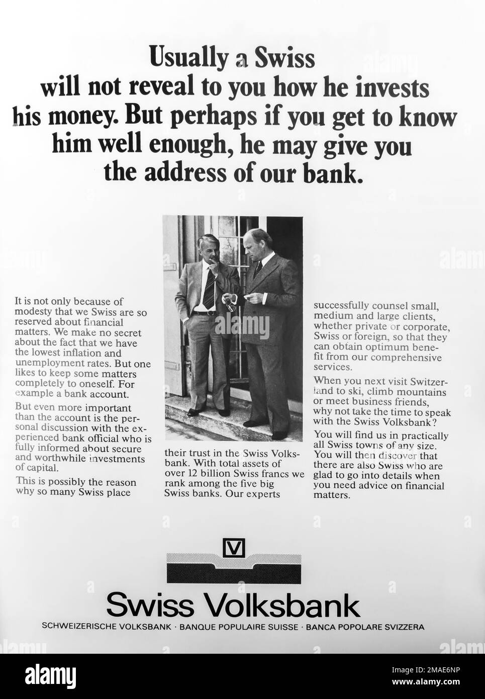 Swiss volksbank advert in a NatGeo magazine, 1978 Stock Photo