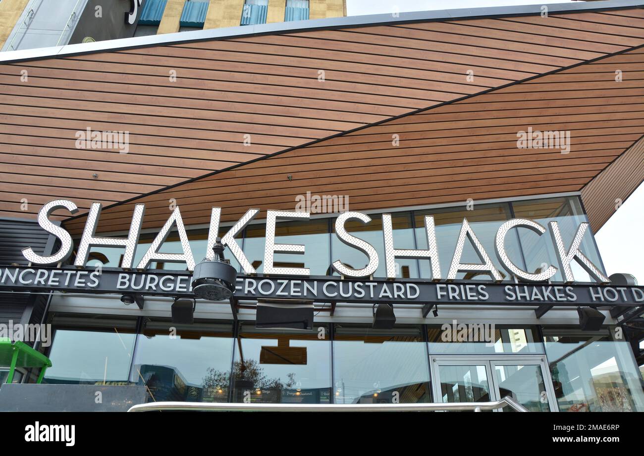 Las Vegas, USA - March 20, 2018 : Shake Shack american restaurant logo name on the Las Vegas Boulevard, famous The Strip street in Las Vegas. Shake Sh Stock Photo
