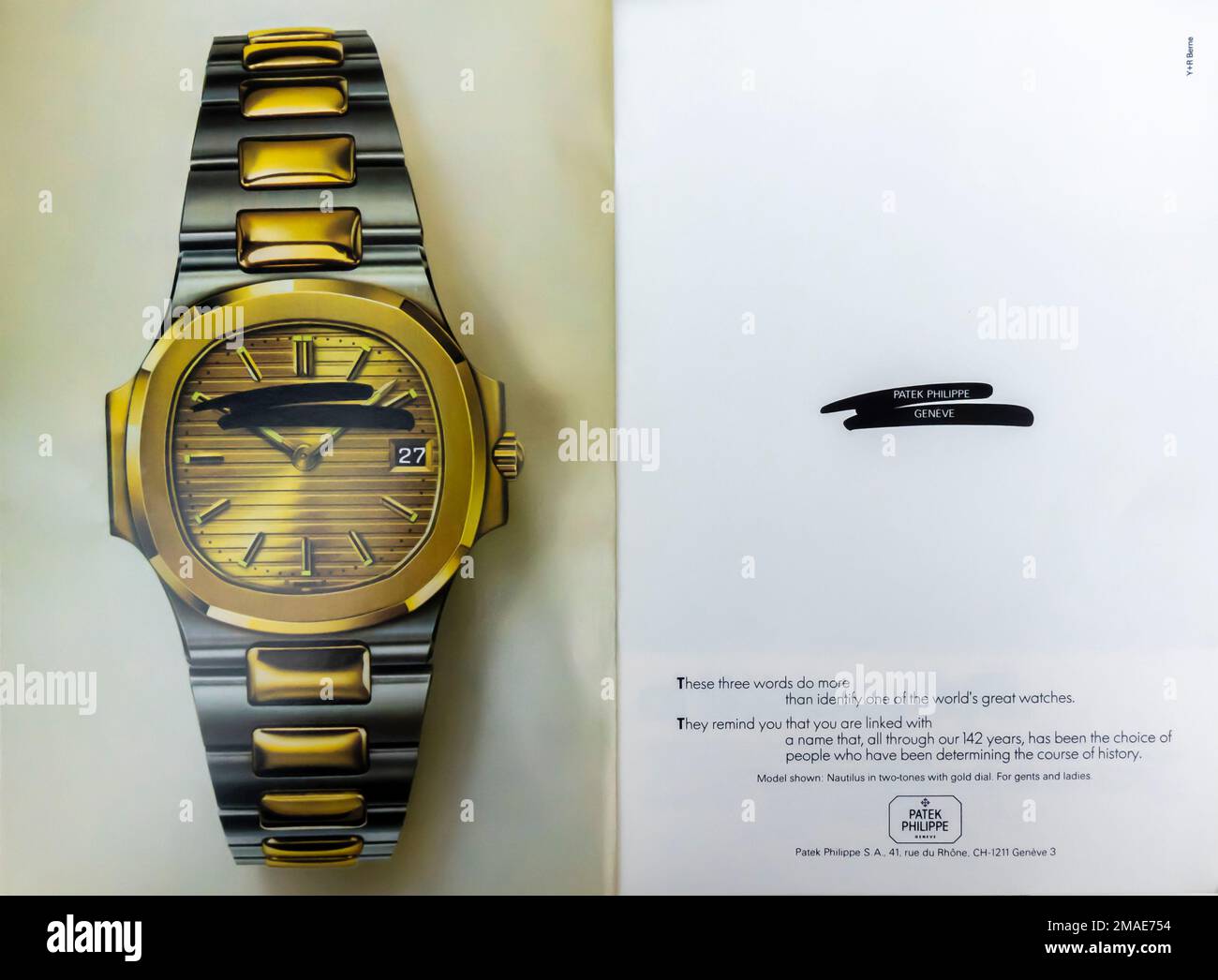 Patek Philippe Geneve nautilus with gold dial advert in a in a NatGeo magazine, August 1995 Stock Photo