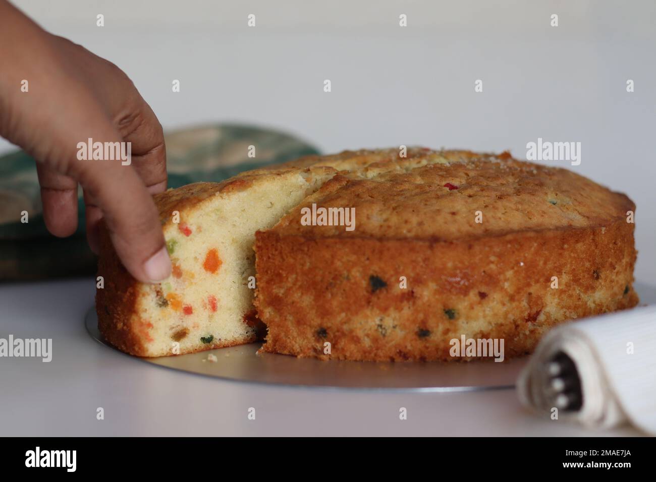 Sliced Tutti fruity buttermilk cake. A type of Indian fruit cake made
