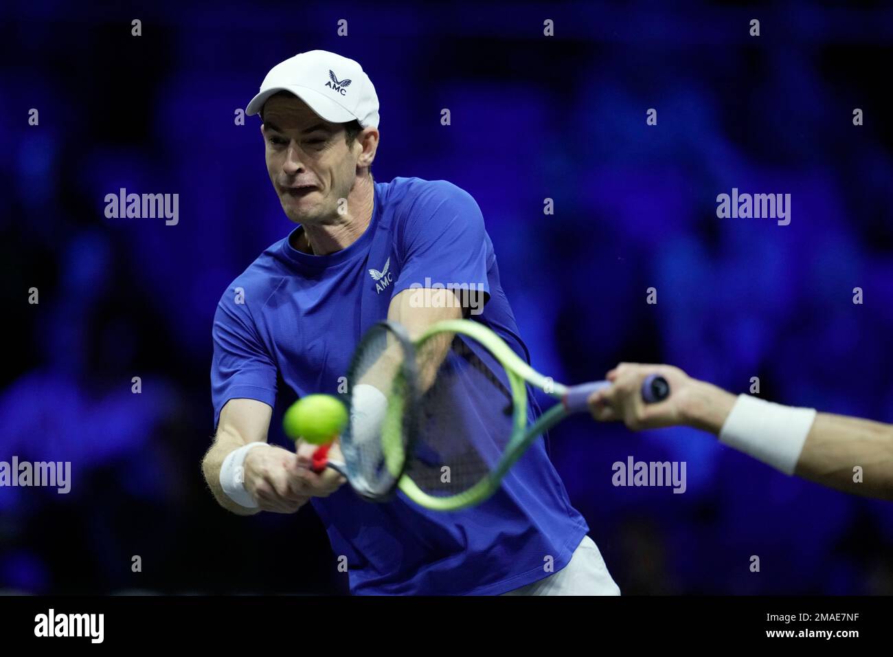 Team Europes Andy Murray crashes his racket to Matteo Berrettini as he returns a ball to Team Worlds Jack Sock and Felix Auger-Aliassime on final day of the Laver Cup tennis tournament