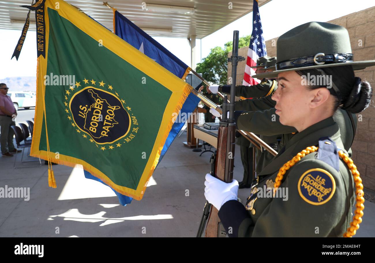 Border Patrol Agent Shay Miller, Big Bend Sector Honor Guard shown holding a ceremonial rifle