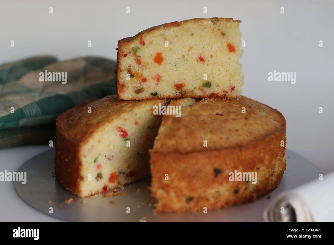 Sliced Tutti fruity buttermilk cake. A type of Indian fruit cake made