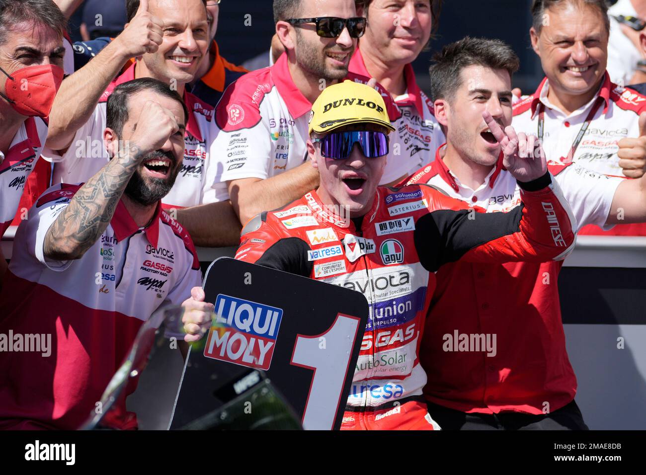 Spanish rider Izan Guevara celebrates with team after winning the moto3 ...