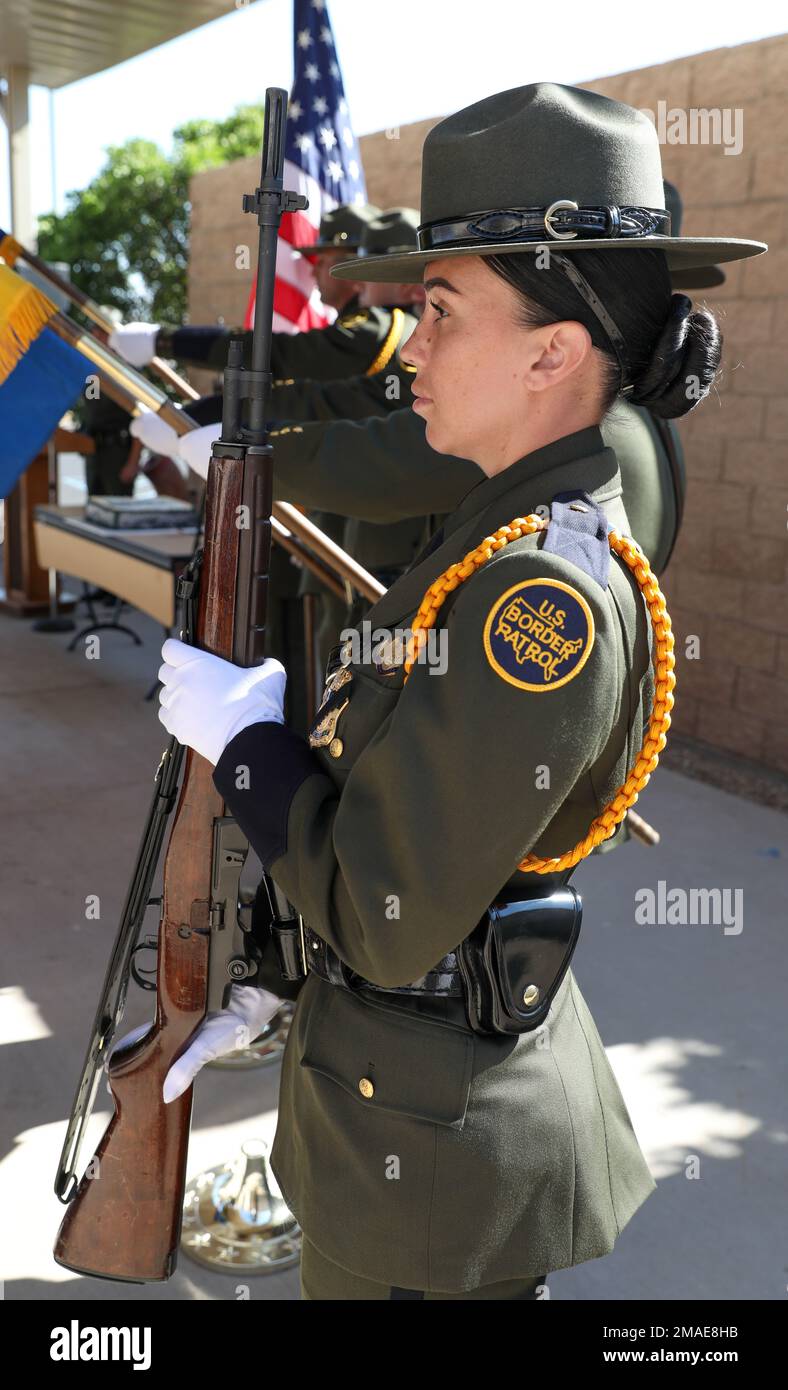 Border Patrol Agent Shay Miller, Big Bend Sector Honor Guard shown holding a ceremonial rifle