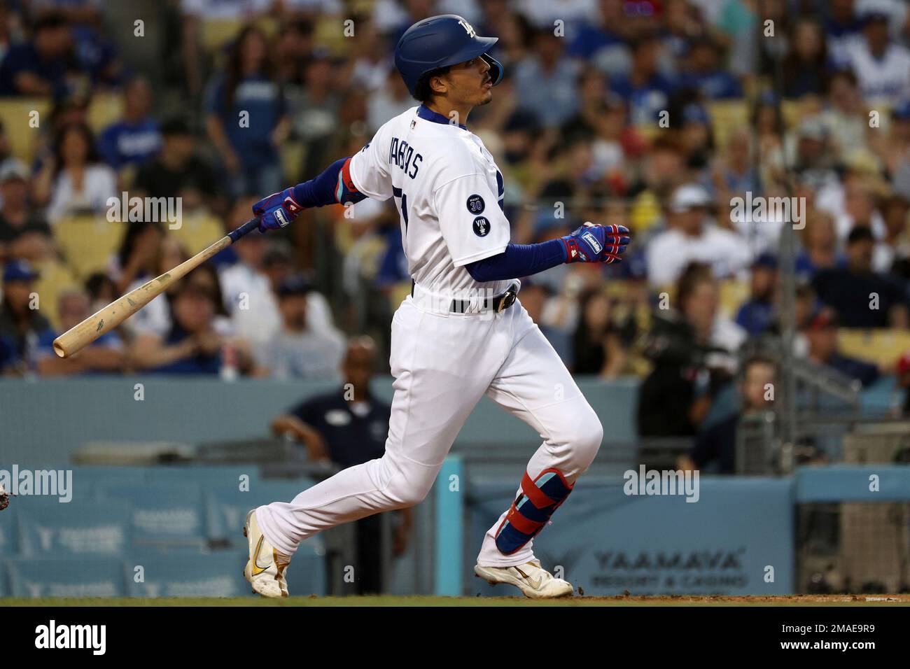 Los Angeles Dodgers first baseman Miguel Vargas watches the ball after  hitting a two-run home run during the second inning of a baseball game  Saturday, Sept. 24, 2022, in Los Angeles. Dodgers