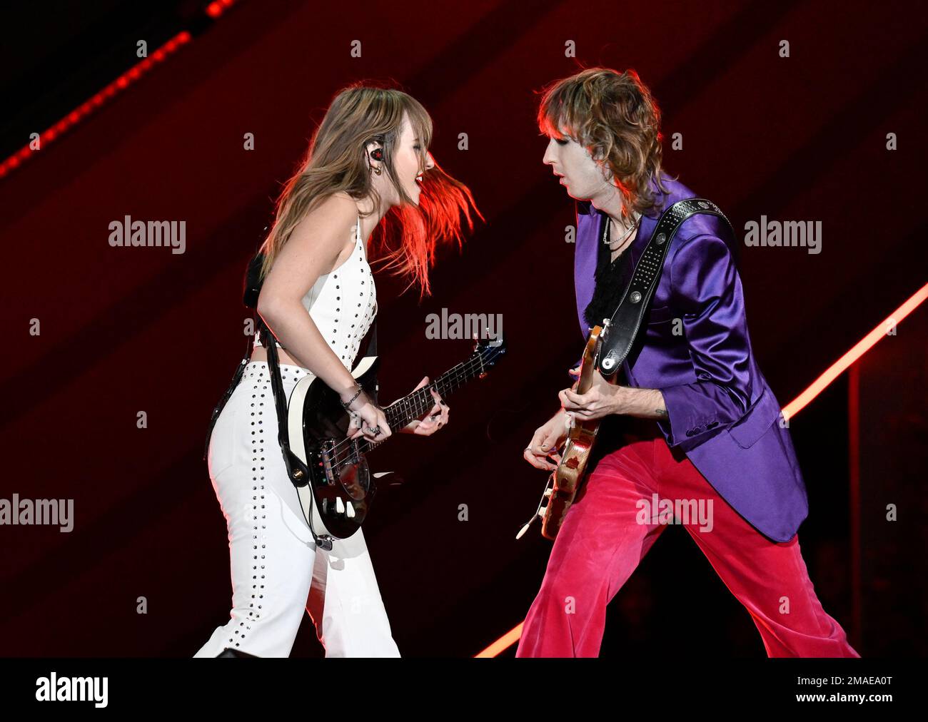 Victoria De Angelis, left, and Thomas Raggi of Måneskin perform during ...