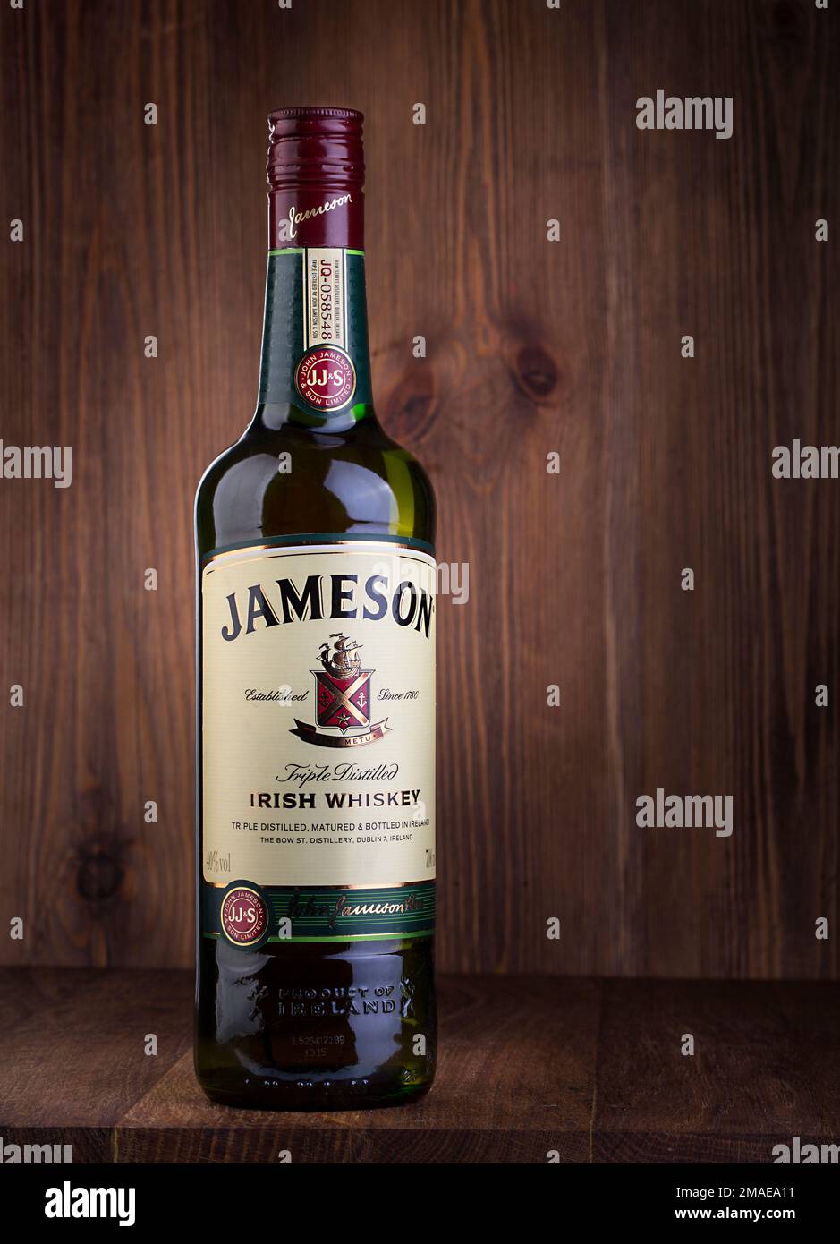 CHISINAU, MOLDOVA - February 05, 2016: Photo of bottle of 'Jameson' whiskey.Jameson is a blended Irish whiskey produced by the Irish Distillers subsid Stock Photo