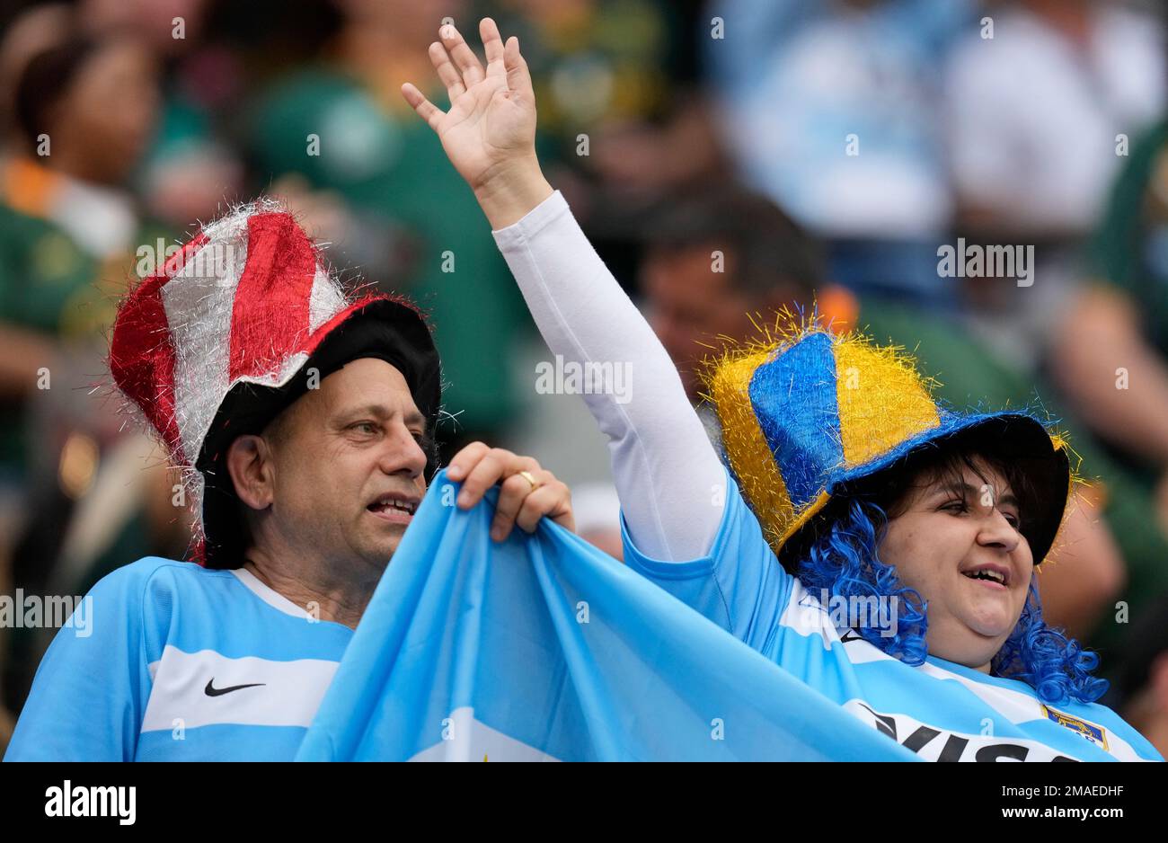 Fans watch the Rugby Championship test between South Africa and Argentina at Kings Park Stadium in Durban, South Africa, Saturday, Sept