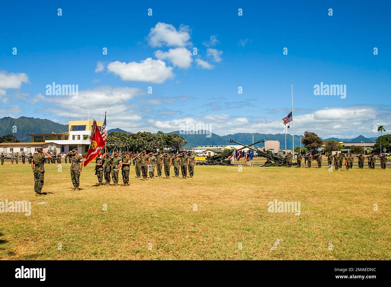 U.S. Marine Corps Lt. Col. Richard Neikirk, outgoing commanding officer, 1st Battalion, 12th Marine Regiment, renders a salute during the unit’s change of command ceremony on Marine Corps Base Hawaii, May 26, 2022. LtCol. Neikirk relinquished command of 1st Battalion, 12th Marines to Lt. Col. Joseph Gill II. Stock Photo