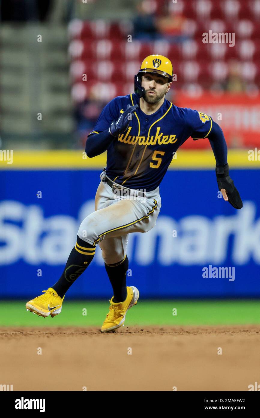 Milwaukee Brewers' Garrett Mitchell (5) runs the bases during a baseball  game against the Cincinnati Reds in Cincinnati, Friday, Sept. 23, 2022. The  Brewers won 5-3. (AP Photo/Aaron Doster Stock Photo - Alamy
