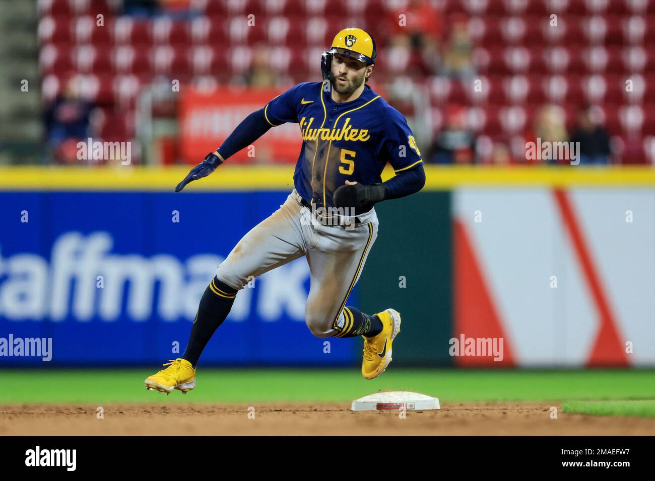 Milwaukee Brewers' Garrett Mitchell (5) runs the bases during a baseball  game against the Cincinnati Reds in Cincinnati, Friday, Sept. 23, 2022. The  Brewers won 5-3. (AP Photo/Aaron Doster Stock Photo - Alamy