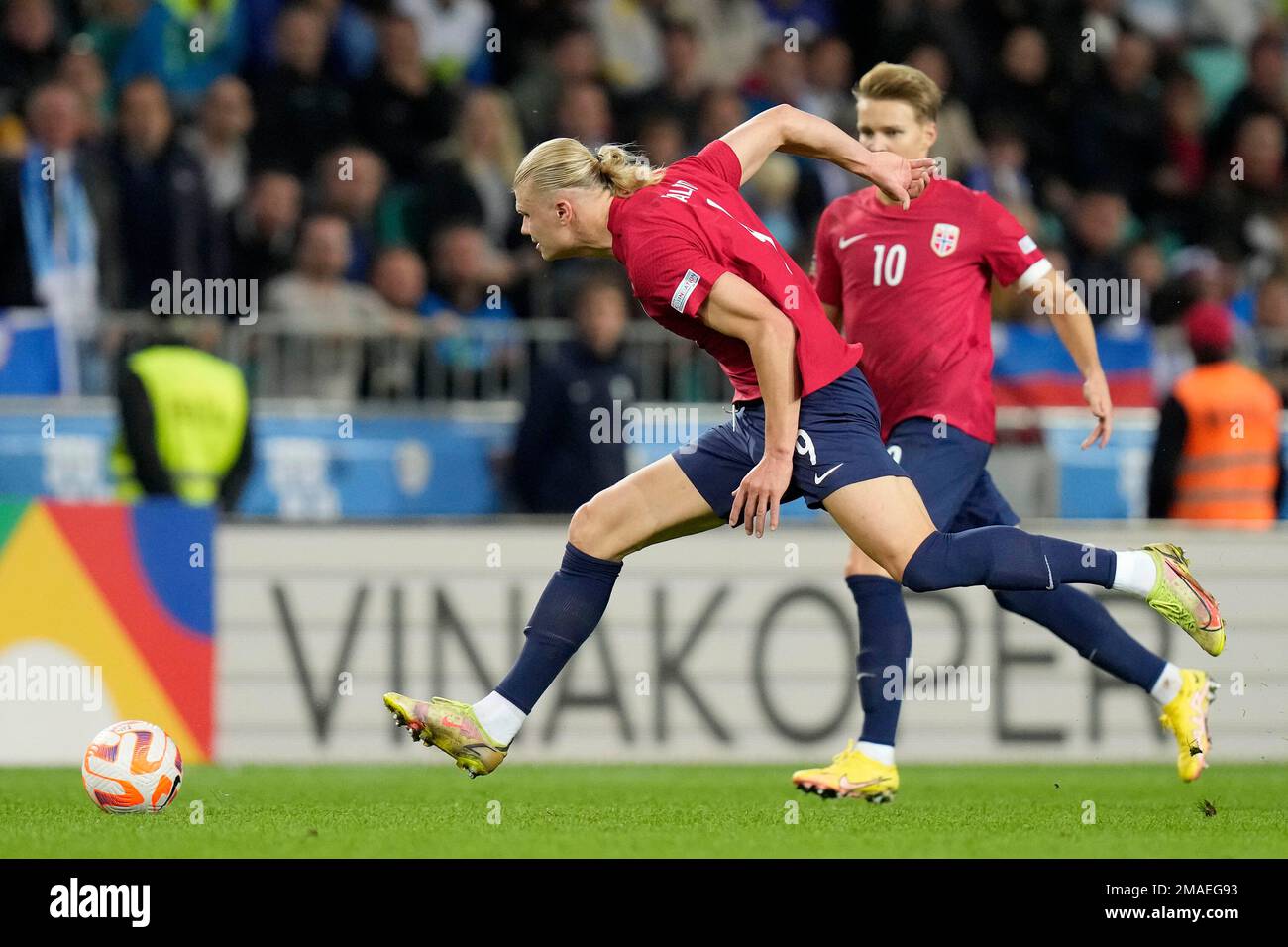 Norway's Erling Haaland shoots on goal during the UEFA Nations League